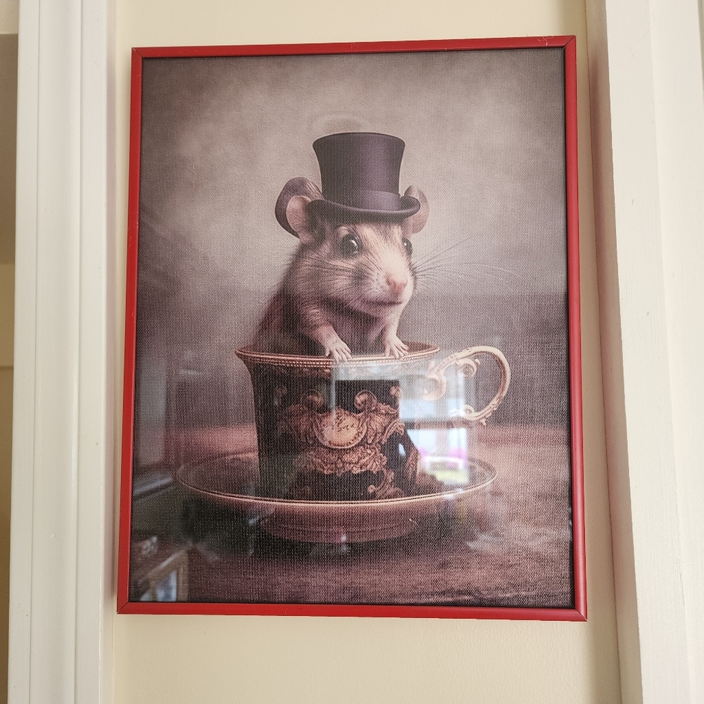 Whimsical Mouse in Teacup Framed Art - Red Frame